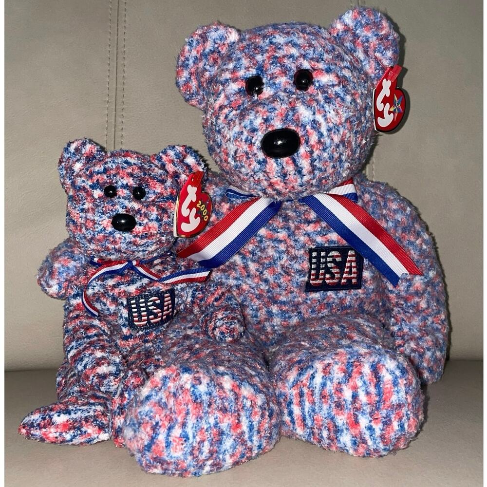 Ty Beanie Baby and Beanie Buddy Set 2000s USA Flag Patriotic Bear Matching Pair